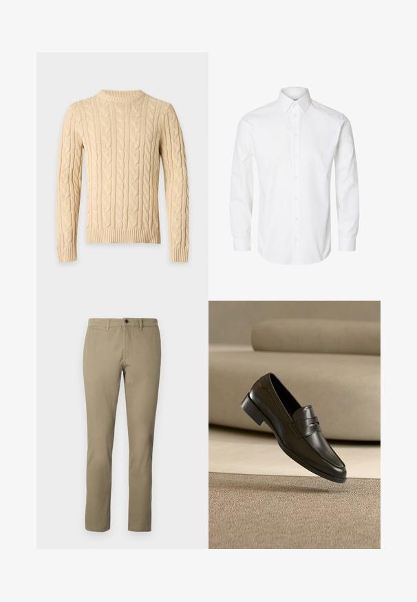 Pull beige à torsades avec manches longues et poignets, ourlet et encolure ronde côtelés sur un fond gris clair.; Chemise blanche à manches longues avec boutons, col pointu, boutons visibles sur le devant et poignets fermés par des boutons.; Chinos kaki en mélange de coton, avec une coupe droite, une taille standard avec fermeture à bouton et des poches latérales.; Mocassin en cuir noir flottant au-dessus d'un tapis beige avec un canapé beige en arrière-plan, mettant en valeur le design classique pour hommes sans lacets.