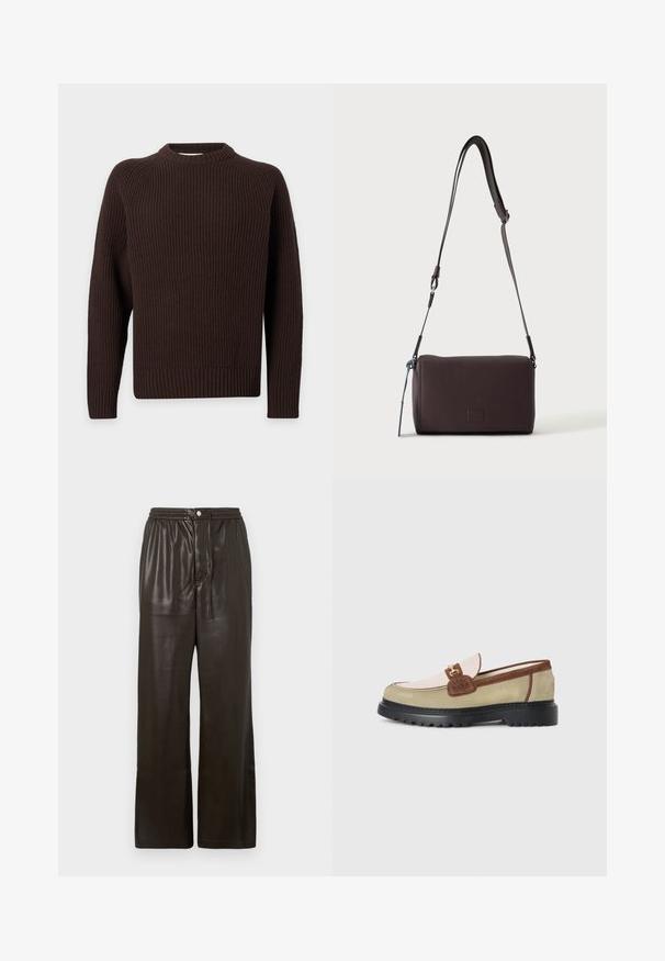 Pull en maille à manches longues marron foncé avec texture côtelée, col rond et poignets ajustés, présenté sur un fond clair uni.; Pantalon en simili cuir marron foncé avec une taille élastique, une fermeture à bouton à l'avant et des jambes droites larges.; Loafer avec des panneaux en suède beige, rose clair et marron, accent en boucle en métal doré et semelle épaisse en caoutchouc noir avec un motif de crans.; Sac bandoulière en cuir marron foncé texturé avec une sangle réglable et un petit accent décoratif bleu sur le côté.