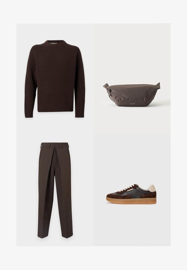 Mørkebrun langærmet strikket sweater med ribbet tekstur, rund halsudskæring og tætsiddende manchetter, vist på en ensfarvet lys baggrund.; BLUEMARBLE WORK PANT - Bukser - brown; Brune ruskinds- og lædersneakers med en gummisål, der har cremefarvede accenter og hvide snørebånd. Rund snude og minimal detaljer.; Mørkebrun stof talje taske med diagonalt lynlåslomme og lille hvidt logo på fronten, sat mod en ensfarvet lys baggrund.