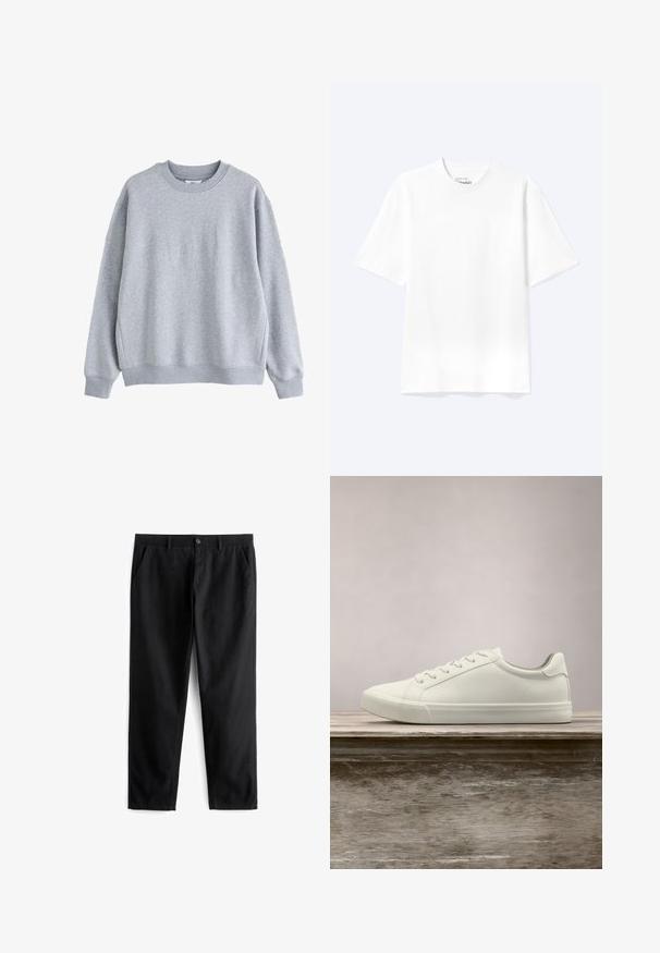 Sweat-shirt gris clair à col rond, manches longues avec poignets et ourlet côtelés, présenté sur fond blanc.; T-shirt blanc uni à manches courtes et col rond avec une coupe décontractée, présenté sur un fond clair.; Pantalons noirs en tissu durable, dotés de deux poches avant, d'une fermeture à bouton, d'un design plat à l'avant et d'une coupe droite.; Sneaker en dentelle blanche flottant au-dessus d'un banc en bois avec un feuillage vert en arrière-plan, mettant en valeur le design et la texture de la chaussure.