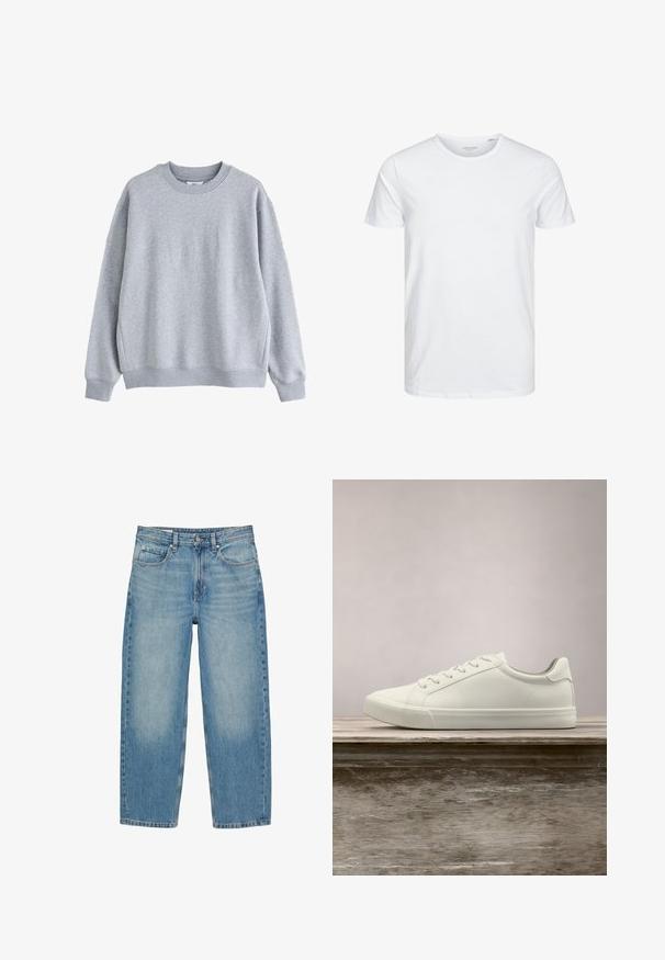 Lysegrå sweatshirt med rund halsudskæring, lange ærmer og ribkant ved ærmer og bund, vist på hvid baggrund.; Rundhals kortærmet t-shirt i ensfarvet hvid, lavet af blød bomuld, har et simpelt design uden synlige mønstre eller detaljer.; Blå jeans med lige ben, forlommer, bæltestropper, knaplukning og diskrete falmede detaljer på lår og knæ.; Hvide snørresneakers svævende over en træbænk med grønne planter i baggrunden, der fremhæver skodesign og tekstur.