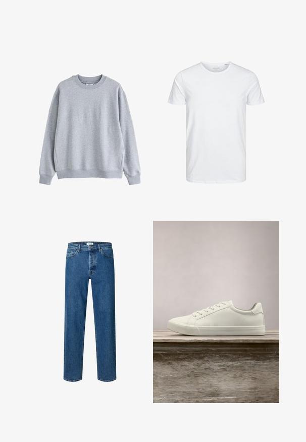 Lysegrå sweatshirt med rund halsudskæring, lange ærmer og ribkant ved ærmer og bund, vist på hvid baggrund.; Rundhals kortærmet t-shirt i ensfarvet hvid, lavet af blød bomuld, har et simpelt design uden synlige mønstre eller detaljer.; Blå straight-leg denim jeans med knap- og lynlåslukning, bæltestropper og fem-lomme-design.; Hvide snørresneakers svævende over en træbænk med grønne planter i baggrunden, der fremhæver skodesign og tekstur.