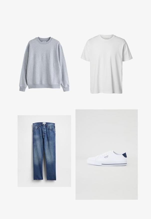 Hellgraues Sweatshirt mit Rundhalsausschnitt, langen Ärmeln und gerippten Bündchen und Saum, auf weißem Hintergrund dargestellt.; Schlichtes weißes T-Shirt mit kurzen Ärmeln und Rundhalsausschnitt, lässiger Passform und ohne sichtbare Logos oder Designs auf der Vorderseite.; Blaue Denim-Jeans mit geradem Bein, vorne ausgeblichen, klassischem Fünf-Taschen-Design und Metallnieten an den Taschen.; Weiße Canvas-Sneaker mit navyblauem Fersenakzent, flacher Gummisohle, runder Zehenpartie und weißen Schnürsenkeln. Mit Logo an der Seite.