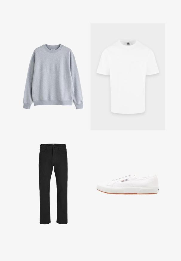 Hellgraues Sweatshirt mit Rundhalsausschnitt, langen Ärmeln und gerippten Bündchen und Saum, auf weißem Hintergrund dargestellt.; Schlichtes weißes Baumwoll-T-Shirt mit kurzen Ärmeln und Rundhalsausschnitt, dargestellt auf hellem grauem Hintergrund.; R.D.D. ROYAL DENIM DIVISION Regular fit RDD Royal Selvedge RE 330 Relaxed - Jeans Straight Leg - black denim; Weiße Leinensneaker mit Gummisohle, Schnürdesign und einem kleinen Logolabel an der Seite. Strukturierte weiße Oberseite und braune Außensohle.