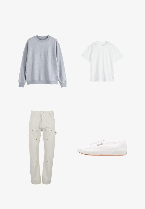Lichtgrijze sweatshirt met ronde hals, lange mouwen en geribde boorden en zoom, afgebeeld op een witte achtergrond.; Wit katoenen T-shirt met een ronde hals, korte mouwen en een ontspannen pasvorm. Voorzien van een klein merklipje aan de linkeronderkant.; Lichtbeige cargobroek gemaakt van duurzaam katoen. Voorzien van meerdere zakken, drukknoopsluitingen en een rechte pijp.; Witte canvas sneakers met een rubberen zool, vetersluiting en een klein logolabel aan de zijkant. Gewreven wit bovenwerk en een bruine zool.