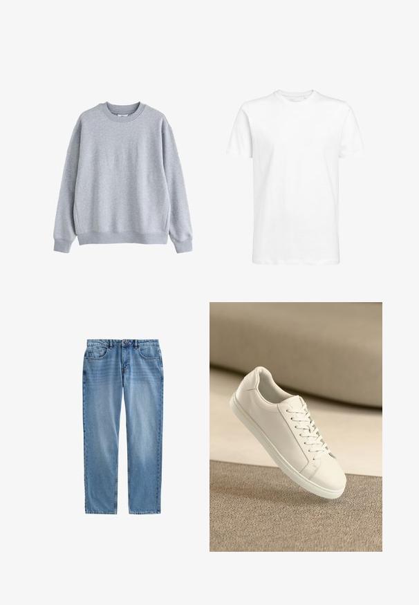 Hellgraues Sweatshirt mit Rundhalsausschnitt, langen Ärmeln und gerippten Bündchen und Saum, auf weißem Hintergrund dargestellt.; Weißes kurzärmeliges T-Shirt aus Baumwolle mit rundem Ausschnitt und normaler Passform. Schlichtes Design, keine Muster oder sichtbaren Akzente.; Hellblaue Jeans aus Denim mit geradem Bein, Fünf-Taschen-Design, sichtbaren Nähten und Reißverschluss. Keine Abnutzungen oder Muster vorhanden.; Weißes Leder Sneaker mit weißen Schnürsenkeln, auf einer beigefarbenen strukturierten Oberfläche präsentiert, und einem sanft verschwommenen Hintergrund.