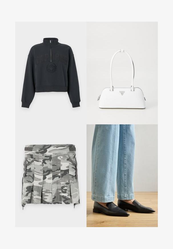 Sort cropped sweatshirt med halvlange ærmer, halv lynlås ved kraven og præget tekst og emblem "GAP 1969" på forsiden.; Camouflage-mønstret nederdel i nuancer af grå og sort, med plisseringer, to sidelommer og en lynlåslukning ved kanten.; Sorte lædersko med spids tå og slip-on design, parret med lyseblå bredbenede jeans, på et trægulv.; Hvid lædertaske med en buet form, der har et sølvtrapezlogo og lynlåslukning. Glat tekstur og dobbelthåndtag.