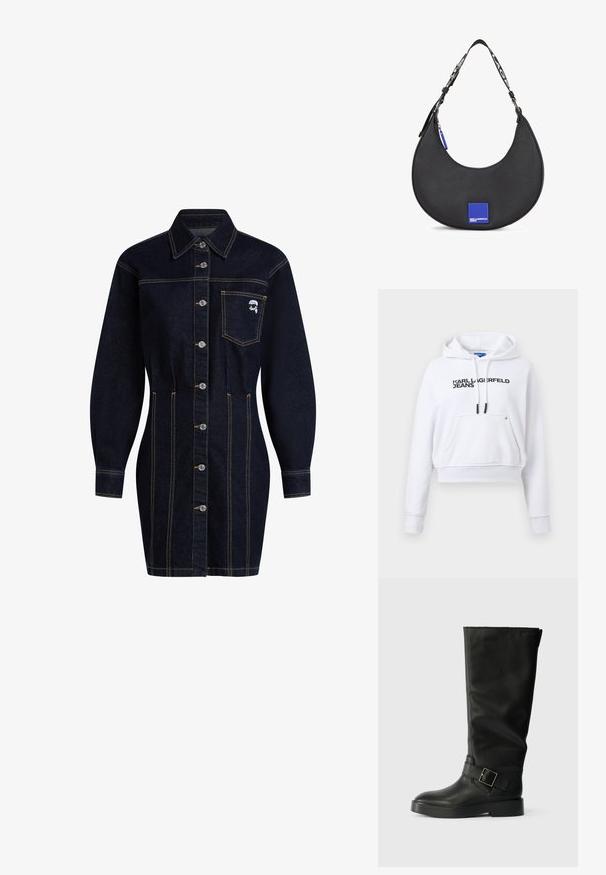 Valge lühendatud pikkade varrukatega kapuutsiga pusa ees tasku, mustad nöörid ja "KARL LAGERFELD JEANS" logo rinnal.; Tume denimist särgimek, millel on kraega kaelus, nööbid ees ja pikad varrukad. Omab rinna taskut ja kollaseid õmblusaktsente.; Mustad kuni põlvedeni saapad, mis on valmistatud sileda nahast, ümarate varvastega, paksu tallaga ja horisontaalse rihmaga, millel on ristkülikukujuline lukku detail.; Must mustrist tõmbega must nahast õlakott, millel on sinine ruudukujuline logo aktsent ja kontrastne rihm tekstiga.