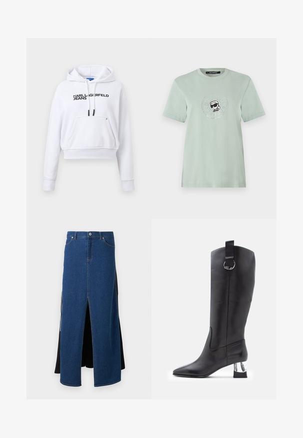 Valge lühendatud pikkade varrukatega kapuutsiga pusa ees tasku, mustad nöörid ja "KARL LAGERFELD JEANS" logo rinnal.; Hele rohelise tooniga mintvärvi puuvillane T-särk, millel on ümmargune graafika päikeseprillides tegelasega, mida ääristavad väiksed sädelevad detailid.; Denim seelik, millel on sinine eesosa koos lõhiku, must kangas taga ja tavaline vöökoht metallnööbiga ning õmblustega.; Must mustakohaline nahast saapad terava varbaga ja kromitud plokknähtusega. Ülemises osas on vunts, millel on ringikujuline riistvara aksessuaar.