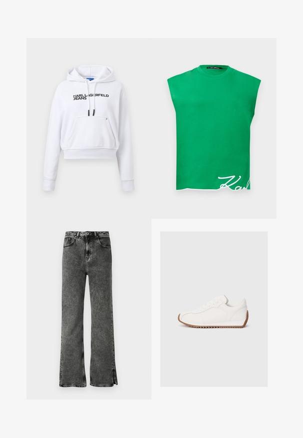 Hoodie blanc court avec poche avant, cordons noirs et logo "KARL LAGERFELD JEANS" sur la poitrine.; Haut vert sans manches avec épaules rembourrées et texte cursif blanc « Karl » près de l'ourlet inférieur sur un fond blanc.; Jeans flares noirs avec un délavage, taille haute et fentes sur le bas. Fabriqués en denim avec une texture lisse et un design classique à cinq poches.; Baskets blanches avec tige en cuir lisse, semelle en caoutchouc texturée, bout rond et détails de couture subtils. Semelle extérieure en caoutchouc marron contrastante.