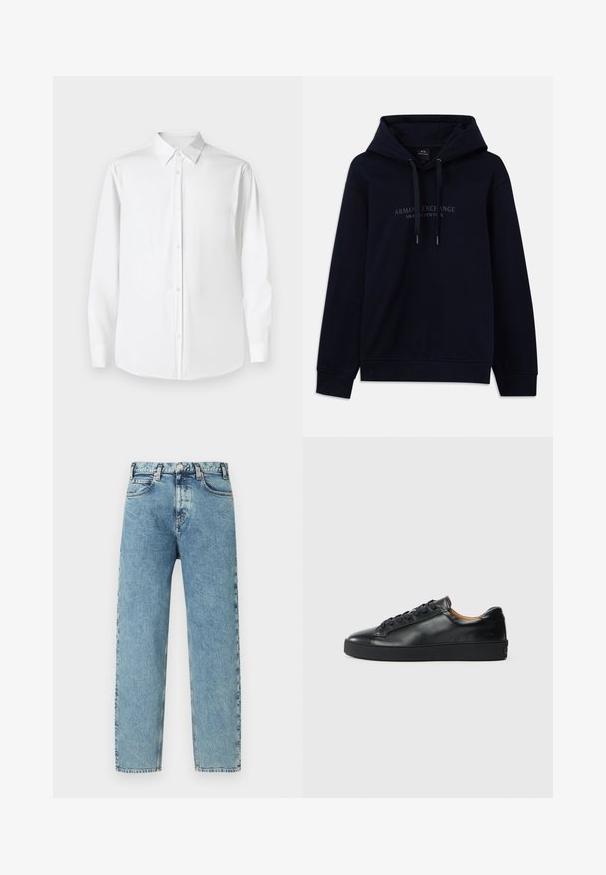 Navyblaue Kapuzenjacke mit Kordelzügen und dem Aufdruck "Armani Exchange Milano / New York" auf der Brust, mit gerippten Bündchen und Saum.; Weißes Langarmhemd mit Point-Kragen, aus glattem Stoff gefertigt, mit klassischer Passform und vorderem Knopfverschluss.; Hellblaue Denim-Jeans mit geradem Bein Schnitt, fünf Taschen und Messing-Knopfverschluss. Der Stoff hat eine leicht strukturierte, verblasste Optik.; Schwarze Leder-Sneaker mit glatter Textur, runder Zehenpartie und Schnürverschluss. Verfügt über eine dicke Gummisohle und minimalistische Marken-Details.