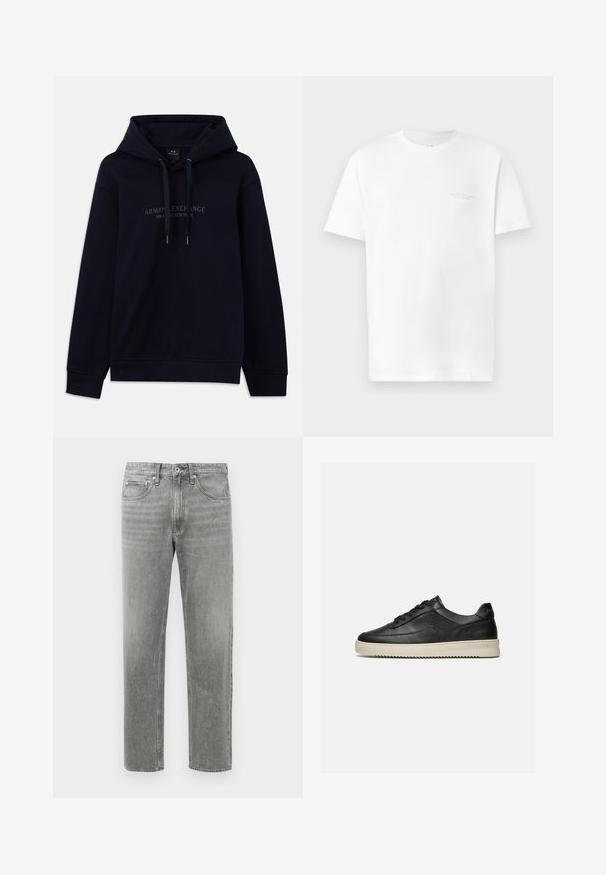 Navyblauwe hoodie met trekkoorden en "Armani Exchange Milano / New York" gedrukt op de borst, met ribgebreide boorden en onderkant.; Witte katoenen t-shirt met korte mouwen, ronde halslijn, met een subtiele grijze logo-afdruk op de linkerkant van de borst en een gladde textuur.; Grijze denim jeans met een rechte pijp, voorzien van een klassiek vijf-pocket ontwerp en subtiele vervaging voor textuur. Standaard ritsopening.; Zwarte lage leren sneaker met zwarte veters en een dikke off-white rubberen zool, getoond op een witte achtergrond.