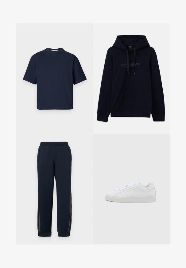 Navyblaue Kapuzenjacke mit Kordelzügen und dem Aufdruck "Armani Exchange Milano / New York" auf der Brust, mit gerippten Bündchen und Saum.; Marineblaues Kurzarm-T-Shirt mit V-Ausschnitt, aus weichem Material, mit lockerer Passform und minimalistischem Design, ohne sichtbare Muster oder Beschläge.; Navy Sweatpants mit weichem Material, schmal zulaufenden Bündchen und Netzseiteneinsätzen. Elastischer Bund für Komfort und legere Passform.; Weiße Leder-Sneaker mit niedrigem Schnitt, runder Zehenpartie, flachen Schnürsenkeln, strukturierter Sohle und dezentem goldfarbenem Markenlogo an der Seite. Glatte Oberfläche und minimalistisches Design.