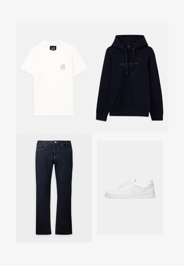 Navyblaue Kapuzenjacke mit Kordelzügen und dem Aufdruck "Armani Exchange Milano / New York" auf der Brust, mit gerippten Bündchen und Saum.; Weißes T-Shirt aus Baumwolle mit kurzen Ärmeln, das auf der Brust ein kleines, in Beige gesticktes Logo zeigt. Rundhalsausschnitt mit lockerer Passform.; Dunkelblaue Straight-Leg-Denimjeans mit vorderen und hinteren Taschen, sichtbaren Nähten und einem Knopfverschluss an der Taille.; Weißer Sneaker mit niedrigem Schaft, Schnürdesign, glattem Lederobermaterial und dicker Sohle, von der Seite auf einfachem Hintergrund gezeigt.