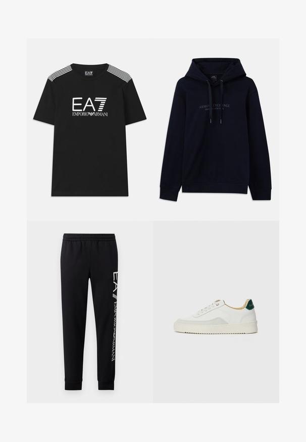 Navyblauwe hoodie met trekkoorden en "Armani Exchange Milano / New York" gedrukt op de borst, met ribgebreide boorden en onderkant.; Zwarte katoenen T-shirt met een wit EA7-logo en de tekst 'Emporio Armani'. Drie witte strepen op de schouders versterken het ontwerp.; Zwarte sweatpants van een katoenmix, met een elastische tailleband, taps toelopende benen, ribgebreide boorden en een wit logo-opdruk langs de zijkant.; Witte sneaker met suède accenten, ronde neus, platte veters en een crème rubberen zool. Bevat groene branding op de hiel.