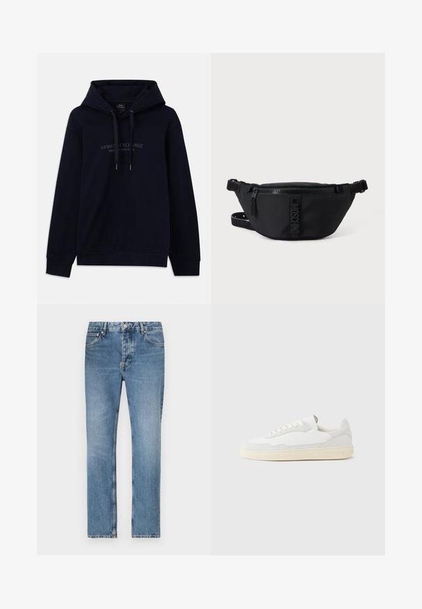 Sweat à capuche bleu marine avec cordons de serrage et "Armani Exchange Milano / New York" imprimé sur la poitrine, avec des poignets et un ourlet côtelés.; Jean en denim bleu clair avec une coupe droite, cinq poches et une fermeture à glissière. Détails de décoloration et de couture distincts.; Baskets blanches avec dessus en daim et cuir texturé. Caractérisées par un bout arrondi, une fermeture à lacets et une semelle en caoutchouc beige contrastante.; Sac banane noir Moschino avec fermeture éclair frontale et sangle ajustable sur un fond uni clair.