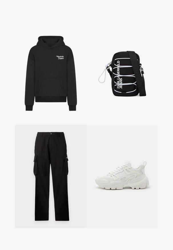 Sort hætte sweatshirt med en frontlomme, der har et hvidt "Forever Classic" logo på brystet. Lavet af blødt, tekstureret stof.; Sorte cargo bukser lavet af slidstærkt stof, med en afslappet pasform, sidelommer og knaplukning. Glat tekstur med svag glans.; Hvide atletiske sneakers med en struktureret overdel, netpaneler, fremtrædende gummisål og dekorative udsparinger på siden.; Sort crossbody-taske med hvide elastiske snore, sølv hardware og teksten "KARL LAGERFELD JEANS" i hvid på forsiden, med en bred sort strop.