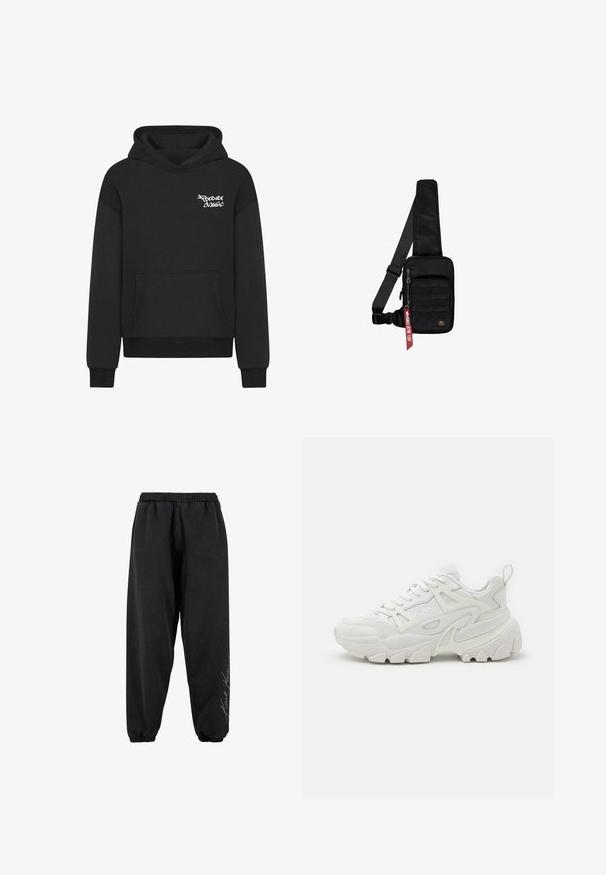 Sort hætte sweatshirt med en frontlomme, der har et hvidt "Forever Classic" logo på brystet. Lavet af blødt, tekstureret stof.; Sorte sweatpants lavet af blødt stof med elastisk talje. Taperede ankler og trykt tekstdetalje på den ene side. Casual, afslappet pasform.; Hvide atletiske sneakers med en struktureret overdel, netpaneler, fremtrædende gummisål og dekorative udsparinger på siden.; Sort skuldertaske lavet af tekstureret stof. Har et lynlåslukket hovedrum, forlom med webbing, justerbar rem og et dekorativt mærke.