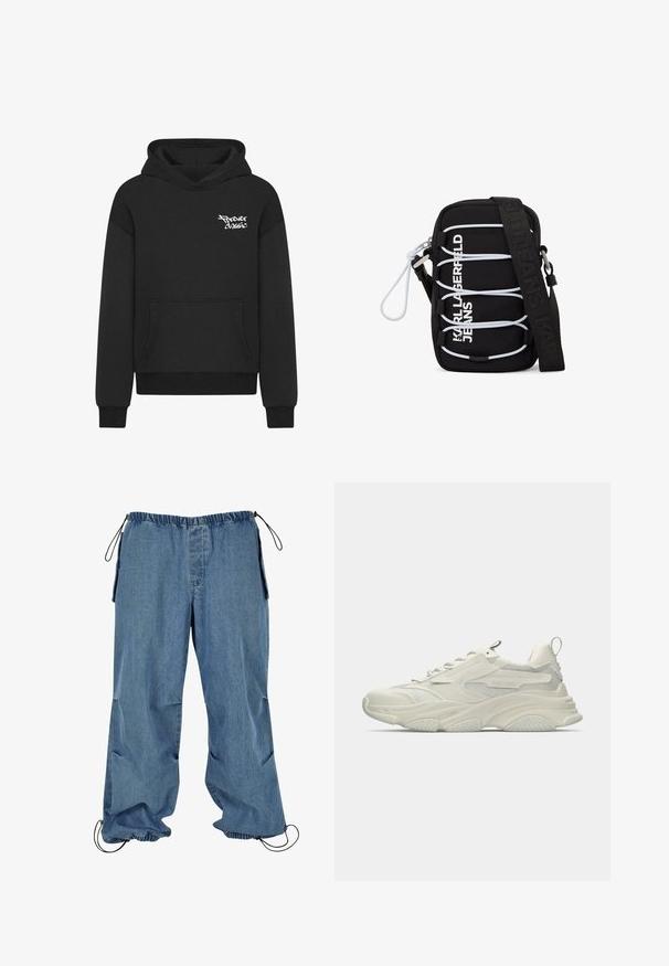 Zwarte hoodie met een voorzak, voorzien van een witte "Forever Classic" logo op de borst. Gemaakt van zachte, gestructureerde stof.; Lichtblauwe denim broek met een elastische taille, trekkoordmanchetten en zijzakken. De stof lijkt zacht met een licht vervaagde textuur.; Stevige witte sneaker met mesh accenten, textuurrubberen zool en afgeronde vorm. Voorzien van minimale branding en een trekkoord aan de hiel.; Zwarte crossbodytas met witte elastische koorden, zilveren hardware en de tekst "KARL LAGERFELD JEANS" in het wit aan de voorkant, voorzien van een brede zwarte band.
