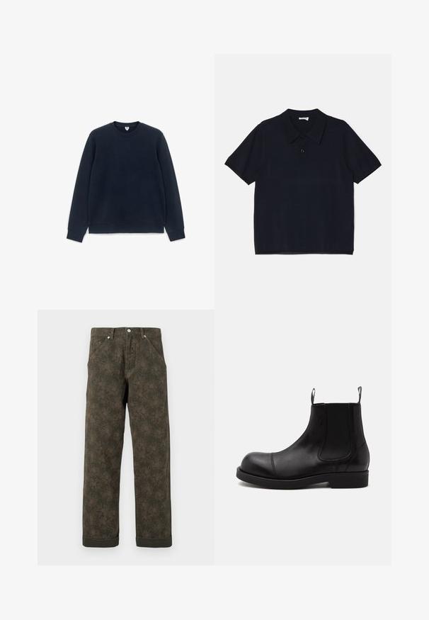 Sweat-shirt noir uni à manches longues et col rond, avec poignets et ourlet côtelés, présenté sur un fond blanc.; Polo noir à manches courtes en tissu doux et léger. Il présente un col classique et une fermeture à boutons sur le devant.; Pantalons vert foncé avec un imprimé floral subtil, boutons à l'avant, poches et ourlets retroussés.; Bottine Chelsea en cuir noir à bout arrondi, panneaux latéraux élastiques, languettes à l’avant et à l’arrière, semelle plate, vue de côté sur fond blanc.