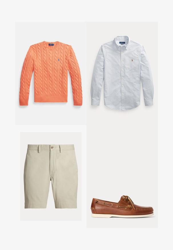 Oranje kabelgebreide trui met lange mouwen, ronde hals, geribbelde manchetten en zoom, met een klein blauw Polo Ralph Lauren-logo op de borst.; Overhemd met lange mouwen en knopen, met dunne blauwe en witte verticale strepen en een klein geborduurd logo op de borst.; Beige knielange korte broek met riemlussen, knoopsluiting en ritssluiting, afgebeeld tegen een witte achtergrond.; Bruine leren bootschoen met witte zool, veter gestrikt bovenaan en metalen veterogen langs de zijkanten en voorste stiksels.