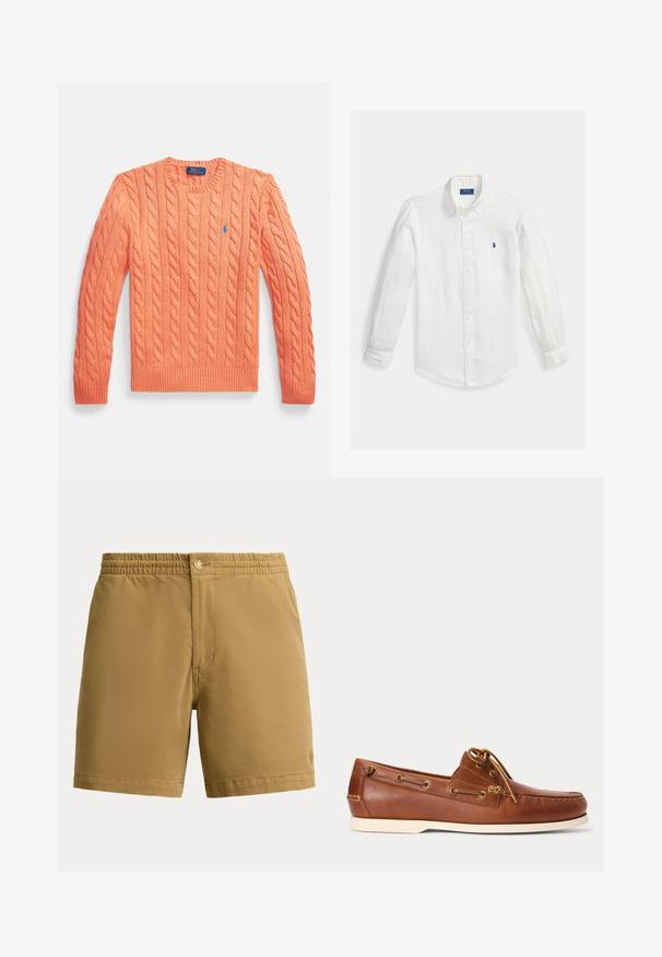 Oranje kabelgebreide trui met lange mouwen, ronde hals, geribbelde manchetten en zoom, met een klein blauw Polo Ralph Lauren-logo op de borst.; Wit overhemd met lange mouwen en knopen, een button-down kraag en een klein blauw geborduurd Polo Ralph Lauren-logo op de linkerborst.; Herenshort in zandkleur met elastische tailleband en knoopsluiting, eenvoudig ontwerp, midden boven het dijbeen, gemaakt van gladde stof.; Bruine leren bootschoen met witte zool, veter gestrikt bovenaan en metalen veterogen langs de zijkanten en voorste stiksels.
