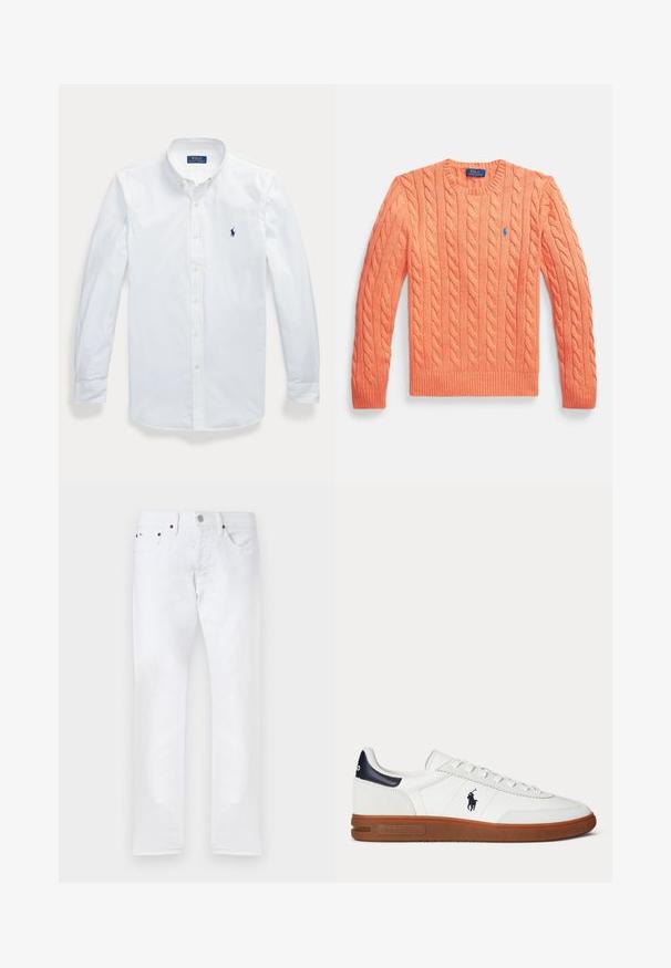 Oranžikõrviline pikkade varrukatega kudumitega kampsun ümara kaelusega, soonikkoes mansettide ja äärega, rinnal väike sinine Polo Ralph Laureni logo.; Valge pikkade varrukatega nööpidega särk koos kraega, Polo Ralph Lauren logo tikandiga vasakul rinnal.; Valged kitsad teksad, millel on viis taskut, nööbiga sulgur ja vööaasad, esitatud lamedalt valgel taustal.; Valge madala säärega toss pruuni tallaga, musta kandutükiga, polo mängija tikandiga logoga ja valgete nööridega.