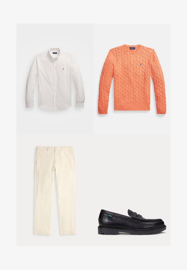 Oranžový sveter s dlhým rukávom a priadzou v pletenom vzore, s okrúhlym výstrihom, rebrovanými manžetami a lemom, s malým modrým logom Polo Ralph Lauren na hrudi.; Biela košeľa na gombíky s tenkými vertikálnymi pruhmi v svetlej béžovej farbe. Má klasický golier, dlhé rukávy a malé vyšívané logo na hrudi.; Krémové nohavice rovného strihu s pútkami na opasok a bočnými vreckami, zobrazené na svetlom pozadí.; Čierny kožený mokasín s hrubou drsnou podrážkou a malou zelenou značkou "Polo" na vonkajšej strane pri päte.