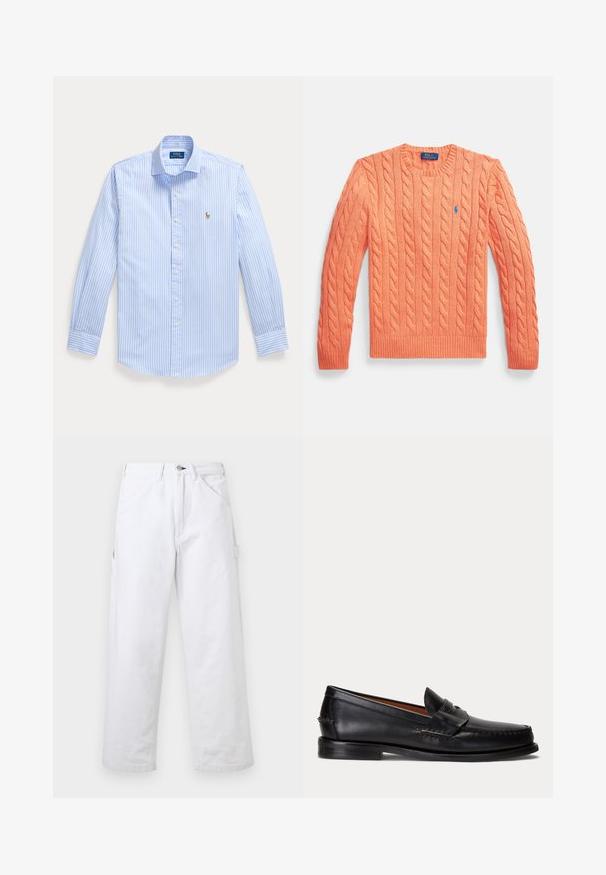 Orange cable-knit long-sleeve sweater with crew neck, ribbed cuffs and hem, featuring a small blue Polo Ralph Lauren logo on the chest.; Light blue long-sleeve button-up shirt with white vertical stripes and a small embroidered logo on the left chest.; White high-waist straight-leg pants with belt loops, front pockets, button closure, and a side utility pocket on a plain background.; Black leather loafer with a low heel and penny strap detail, shown from the side on a light gray background.