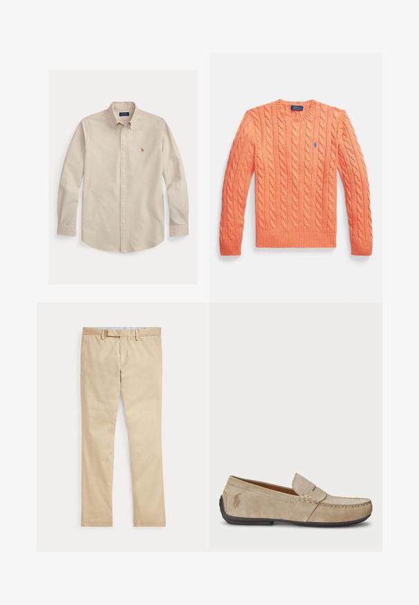 Orange strikket trøje med lange ærmer og rund hals, ribkant ved ærmegab og kant, med en lille blå Polo Ralph Lauren-logo på brystet.; Beige langærmet skjorte med knapper og krave, broderet Polo Ralph Lauren-logo på brystet og knappede manchetter.; Beige bukser med lige ben, bæltestropper og frontlynlås, lagt fladt mod en hvid baggrund.; Beige ruskindsloafers med syninger, flad gummisål og et lille logo på siden. Klassisk slip-on design, blød tekstur.