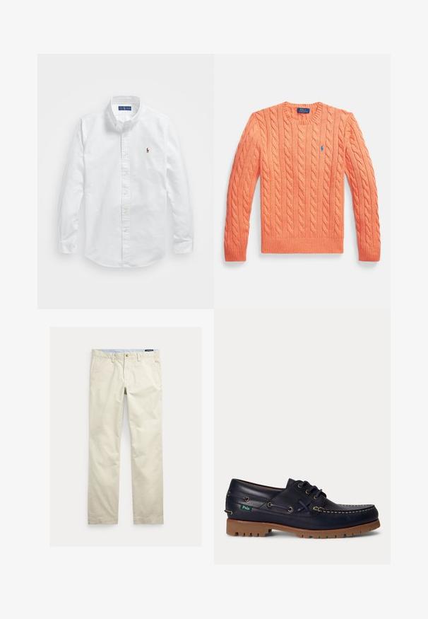 Orangenes Strickpullover mit langen Ärmeln und Rundhalsausschnitt, mit gerippten Bündchen und Saum, versehen mit einem kleinen blauen Polo Ralph Lauren Logo auf der Brust.; Weißes Baumwollhemd mit Knopfverschluss, klassischem Kragen, langen Ärmeln und einem kleinen gestickten Logo auf der linken Brust.; Beige Baumwollhosen mit geradem Bein, Gürtelschlaufen, vorderem Knopf, Reißverschluss und Seitentaschen.; Marineblauer Leder-Bootsschuh mit brauner Gummisohle, weißen Nähten, Schnürsenkeln und einem kleinen grünen Polo-Label an der Seite.