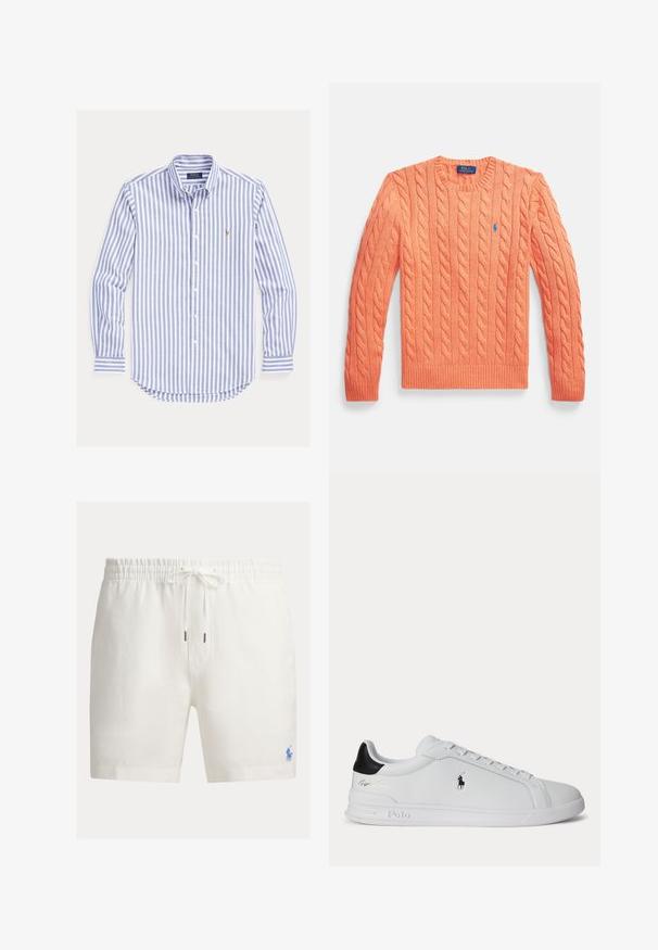 Oranžový sveter s dlhým rukávom a priadzou v pletenom vzore, s okrúhlym výstrihom, rebrovanými manžetami a lemom, s malým modrým logom Polo Ralph Lauren na hrudi.; Modro-biela vertikálne pruhovaná košeľa s dlhým rukávom, gombíkovým zapínaním, gombíkovým golierom a malým vyšitým logom na hrudi.; Biele ľanové šortky s elastickým pásom a šnúrkou na zaväzovanie, s malým modrým vyšívaným logom na dolnej pravej strane.; Biela nízka teniska s čiernou pätovou pätkou, šnúrkami a logom Polo Ralph Lauren na boku, so zvýraznenými detailmi na podrážke.