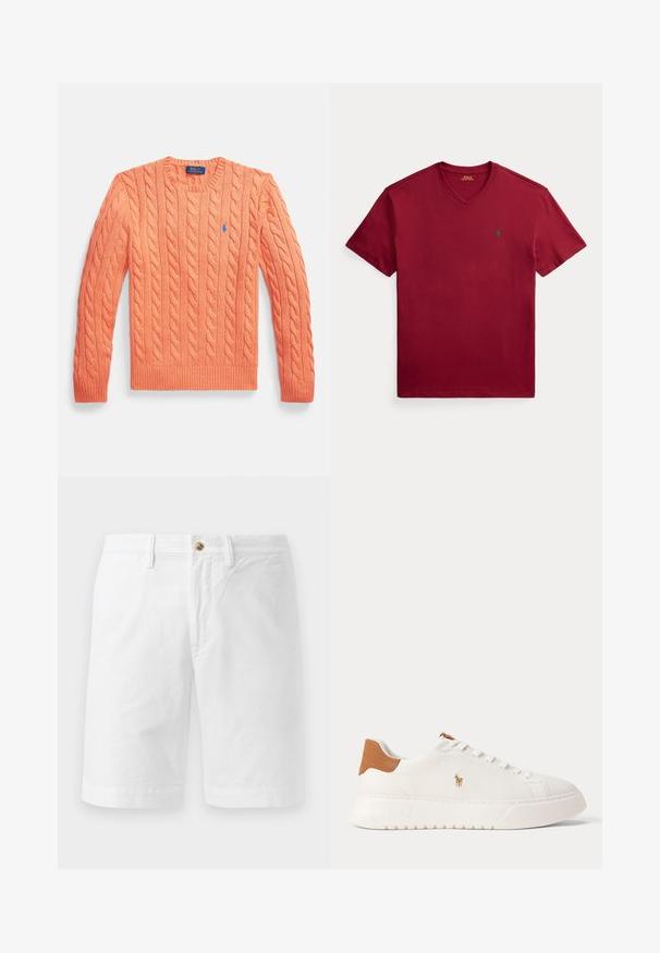 Suéter de manga larga de punto de cable naranja con cuello redondo, puños y dobladillo acanalados, con un pequeño logo azul de Polo Ralph Lauren en el pecho.; Camiseta roja de manga corta con cuello en V y pequeño logo verde de Polo Ralph Lauren en el pecho izquierdo, colocada plana sobre fondo blanco.; Pantalones cortos de algodón blanco con un ajuste relajado, que presentan un cierre frontal con botón, trabillas para cinturón y un diseño de frente plano. Textura suave y corte hasta la rodilla.; Zapatilla blanca de caña baja con lengüeta trasera en color marrón claro, cordones blancos y un pequeño logo bordado de jugador de polo en el lateral sobre una suela gruesa.