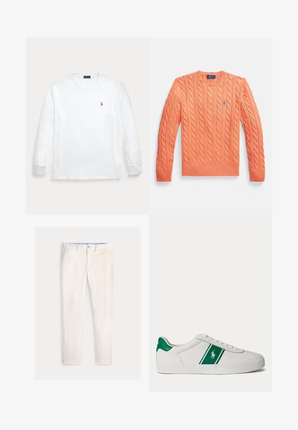 Orangenes Strickpullover mit langen Ärmeln und Rundhalsausschnitt, mit gerippten Bündchen und Saum, versehen mit einem kleinen blauen Polo Ralph Lauren Logo auf der Brust.; Weißes Langarmshirt mit Rundhalsausschnitt und kleinem besticktem Polo Ralph Lauren-Logo auf der linken Brust.; Herren Slim-Fit-Hose in Off-White mit Fronttaschen, Gürtelschlaufen und Knopfverschluss vor einfarbigem Hintergrund.; Weißer Sneaker in Low-Top-Form mit grünem Streifen und Polo-Logo an der Seite, grünem Fersenlaschen und weißen Schnürsenkeln, von der linken Seite vor neutralem Hintergrund dargestellt.