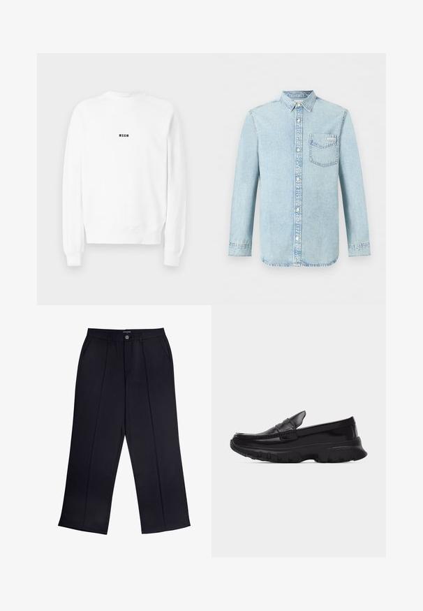 Sudadera blanca de manga larga con cuello redondo y pequeño logo negro "MSGM" centrado en el pecho.; Camisa de mezclilla azul claro de manga larga con apertura de botones en la parte delantera, un bolsillo en el pecho con el logo de Calvin Klein y cuello puntiagudo.; Pantalones de pierna ancha negros de tejido suave que cuentan con cremallera, cierre de botón y bolsillos frontales. Detalle de pliegue notable a lo largo de cada pierna.; Mocasín negro brillante con suela gruesa texturizada y detalles cosidos, perfil lateral sobre un fondo liso gris claro.