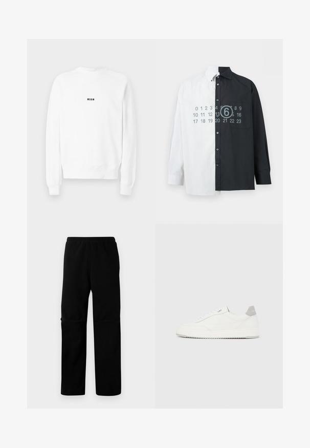 Weißes Sweatshirt mit langen Ärmeln, Rundhalsausschnitt und kleinem schwarzen "MSGM"-Logo in der Mitte der Brust.; Hemd mit der linken Hälfte in Weiß mit dünnen Streifen, der rechten Hälfte in einfarbigem Schwarz, geknöpft vorne, Brusttasche auf der schwarzen Seite und mit Kalenderzahlen überlagert.; Schwarze Fleece-Hosen mit elastischem Bund und geradem Bein. Glatte Textur ohne sichtbare Muster oder Beschläge.; Weißer Sneaker mit niedrigem Schaft, grauem Fersenlaschen, weißen Schnürsenkeln und einer strukturierten Sohle, dargestellt vor einem schlichten hellen Hintergrund.