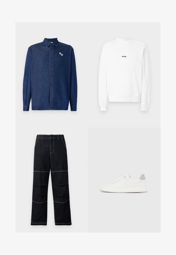 Hvid langærmet sweatshirt med rund hals og lille sort "MSGM"-logo centreret på brystet.; Mørkeblå denimskjorte med knappelukning foran, lange ærmer og spids krave. Har en hvid broderet "RP"-logo.; Mørke denim vide bukser med høj talje, der har kontrasterende syninger og lagdelte lommer hen over lårerne.; Hvid lavtop-sneaker med gråt hælflig, hvide snørebånd og tekstureret sål, vist på en ensfarvet lys baggrund.