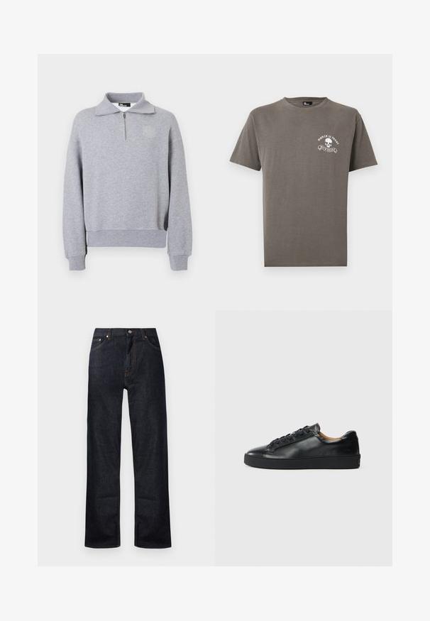 Sweat-shirt gris clair à col zippé sur un quart, poignets et ourlet côtelés, avec un logo minimaliste sur la poitrine gauche.; T-shirt marron à manches courtes et col rond avec un petit crâne blanc et le texte « WORLD IS YOURS » et « WILD HEART » sur la poitrine gauche.; Jean en denim bleu foncé avec un design à jambe droite, cinq poches et des détails de surpiqûre orange. Fermeture à bouton en métal et zip.; Baskets en cuir noir avec une texture lisse, bout rond et fermeture à lacets. Comprend une semelle en caoutchouc épaisse et un minimum de détails de marque.