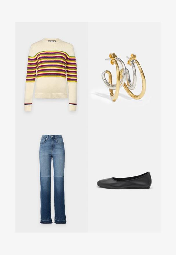 Cremefarvet sweater med horisontale striber i rød, grøn, gul og blå. Har en rund halsudskæring og ribbede manchetter. Strikket tekstur.; Højtaljede denim jeans med en gradient fra lys til mørkeblå, lige ben design og frynser ved manchetterne.; Sort læderballetsko med rund tå, glat tekstur, minimal syning og et fleksibelt såldesign.; Guld- og sølvfarvede snoede hoops øreringe med glatte, blanke overflader; har en post bagtil for sikker bæreevne.