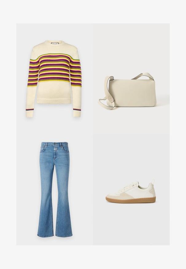 Cremefarvet sweater med horisontale striber i rød, grøn, gul og blå. Har en rund halsudskæring og ribbede manchetter. Strikket tekstur.; CLOSED JOVANNA - Jeans Bootcut - light blue; Hvide sneakers lavet af læder og ruskind, med en tekstureret overflade, rund form og gummisål. Snørebåndsdesign med pull tab.; Cremefarvet læder skuldertaske med justerbar rem og klaplukning, sat mod en ensfarvet hvid baggrund.