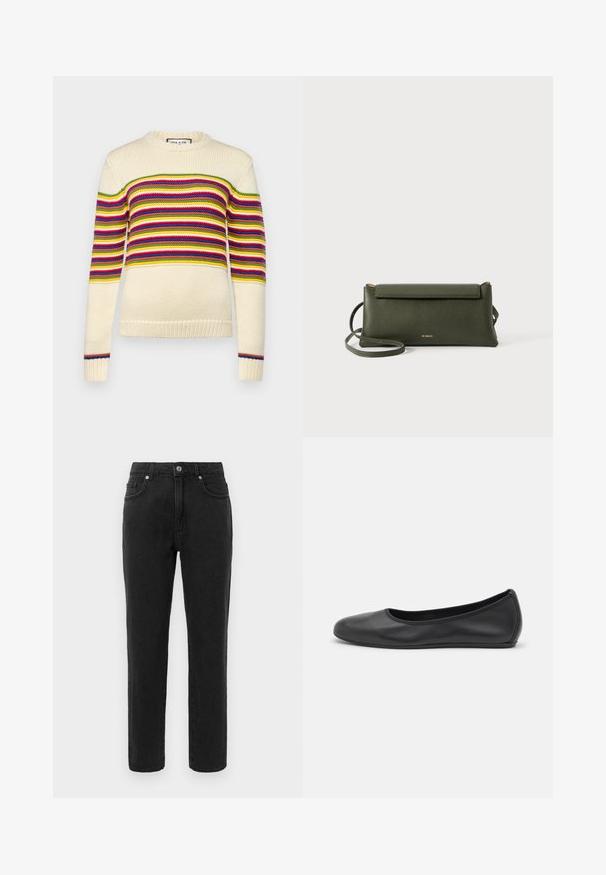 Cremefarvet sweater med horisontale striber i rød, grøn, gul og blå. Har en rund halsudskæring og ribbede manchetter. Strikket tekstur.; Sorte denimjeans med lige ben, standard fem-lomme design og knaplukning. Har diskrete stikningsdetaljer.; Sort læderballetsko med rund tå, glat tekstur, minimal syning og et fleksibelt såldesign.; Mørkegrøn struktureret læder crossbody taske med klaplukning og tynd justerbar rem, præget med lille guld "Bee Projects" logo.
