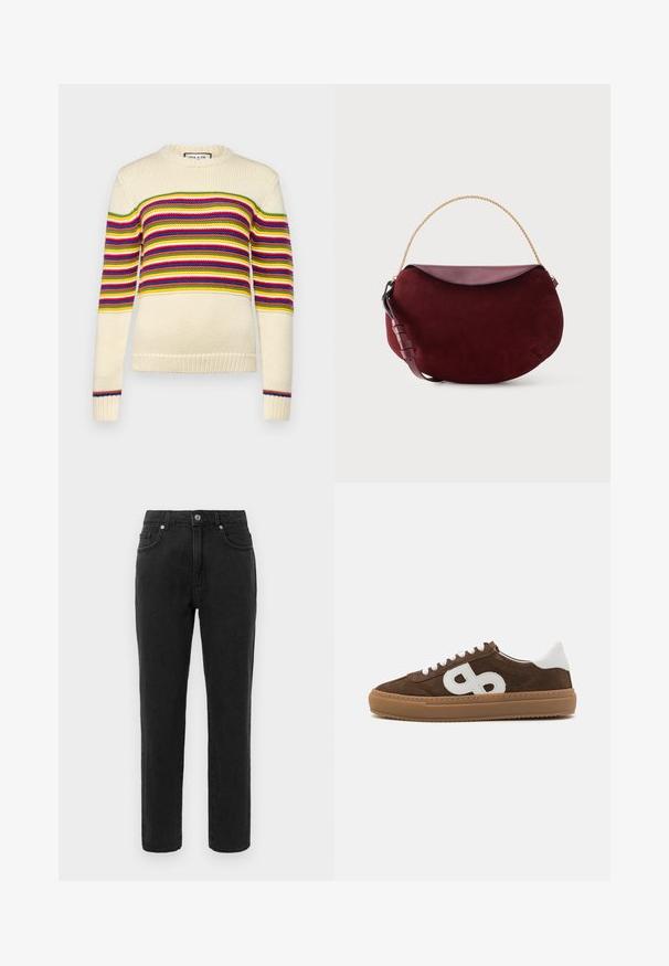 Cremefarvet sweater med horisontale striber i rød, grøn, gul og blå. Har en rund halsudskæring og ribbede manchetter. Strikket tekstur.; Sorte denimjeans med lige ben, standard fem-lomme design og knaplukning. Har diskrete stikningsdetaljer.; Brune ruskind sneakers med hvide læderdetaljer, der har et fremtrædende hvidt logo, rund tå, flad snørebåndslukning og en gummigummisål.; Mørkerød ruskind skuldertaske i halvmåneform med glat læderklap, guldkædehåndtag og justerbar læderrem på hvid baggrund.