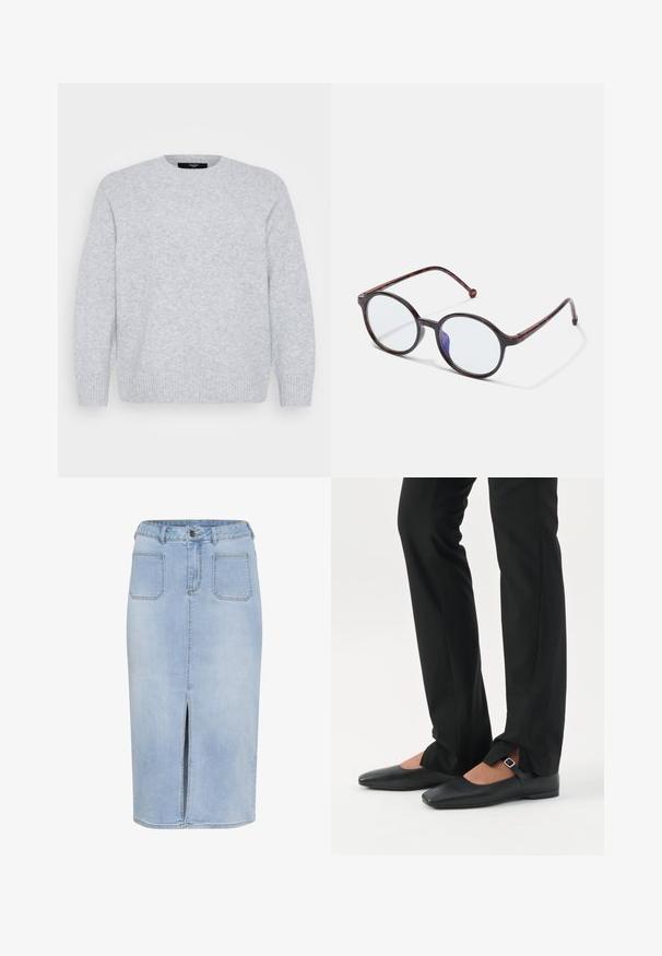 Vero Moda Curve Knitted VMCBOOM Knitted - Svetrík - light grey melange; Svetlomodrá denim midi sukňa s predným rozparkom, piatimi vreckami a priliehavým pásom s pútkami na opasok a gombíkovým zapínaním.; Nohy v čiernych priliehavých nohaviciach s prednými rozparkami na leme, v kombinácii s čiernymi plochými topánkami Mary Jane s malým prackovým remienkom.; Kruhové rámy okuliarov z korytnačieho vzoru s priehľadnými šošovkami a jemným odrazom modrého svetla na bielom pozadí.