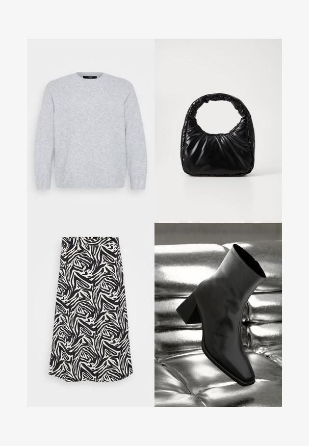 Vero Moda Curve Knitted VMCBOOM Knitted - Striktrøje - light grey melange; Sorte og hvide nederdel med et snurrende zebra mønster, med en lige skæring og nederste kant. Fremstillet af et glat, letvægtigt stof.; Sorte ankelstøvler lavet af glossy materiale med firkantet tå og spidse hæle, sat mod en skinnende sølv tuftet baggrund.; Sort polstret håndtaske med et rundt håndtag, der har en glat, skinnende overflade og en blød, kviltet tekstur. Ingen synlige hardware eller accenter.