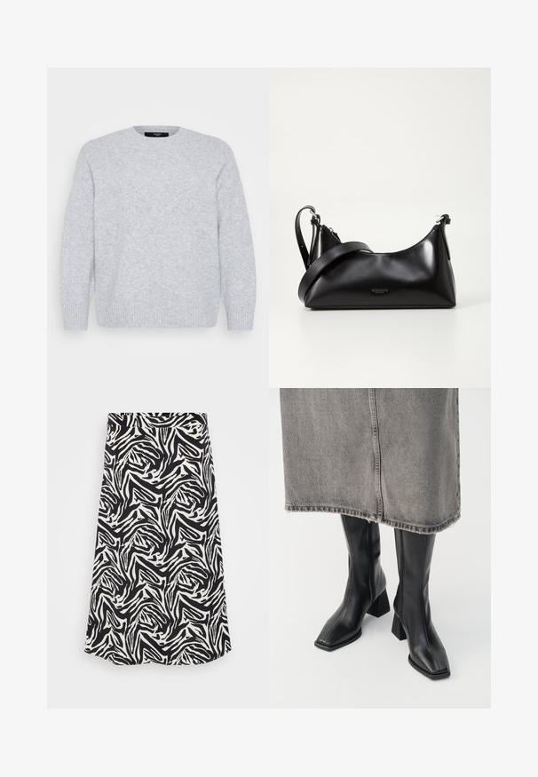 Vero Moda Curve Knitted VMCBOOM Knitted - Strickpullover - light grey melange; Schwarzer und weißer Rock mit einem wirbelnden Zebra-Muster, mit geradem Schnitt und Saum. Hergestellt aus einem glatten, leichten Stoff.; Schwarze knielange Stiefel aus glattem Leder mit quadrater Zehenpartie und Blockabsatz. Getragen mit einem grauen Jeansrock mit ausgefranstem Saum.; Schwarze lederne Handtasche mit glatter Textur. Verfügt über einen verstellbaren Riemen und ein elegantes, minimalistisches Design mit einem Reißverschluss.