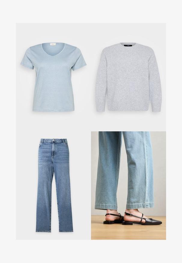 Vero Moda Curve Knitted VMCBOOM Knitted - Džemper - light grey melange; Hele sinine V-kaelusega T-särk, mis on valmistatud tekstuursetest, sädelevalt materjalidest. Lühikesed varrukad ja lõdva istuvusega. Sile äär.; Sinised kõrge vöökohaga sirgete sääreosadega teksapüksid esitaskutega, nööpkinnitusega ja õrnalt pleekinud üla-reitel.; Must musta slingback kingad, millel on terav nina, lamedad kontsad ja pahkluu rihm; kantud helesiniste laia säärega teksadega.