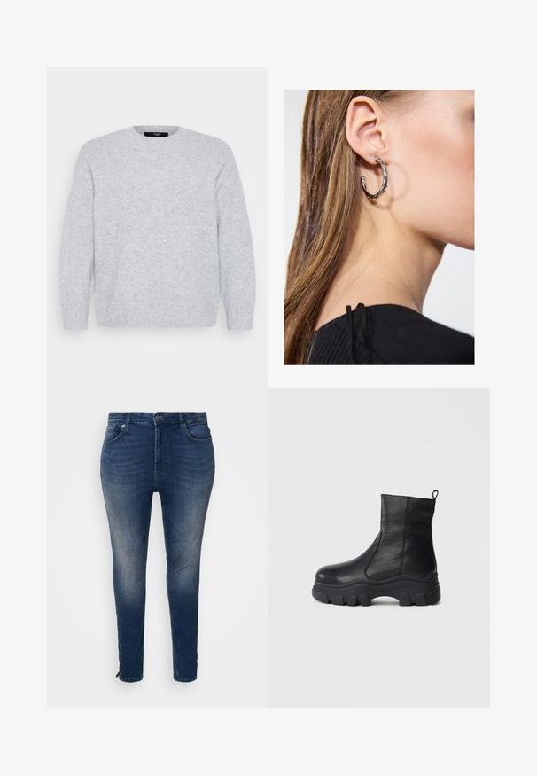 Vero Moda Curve Knitted VMCBOOM Knitted - Jersey de punto - light grey melange; Jeans de mezclilla de color azul oscuro con un diseño ajustado, cinco bolsillos, costuras en contraste y un detalle de dobladillo con cremallera en los tobillos.; Botas negras hasta el tobillo hechas de cuero suave, con una suela de goma gruesa y pronunciada, y un tirador en la parte trasera para facilitar su uso.; Pendiente de aro de plata con un acabado pulido, que presenta pequeños detalles en dorado y una forma redonda, llevado en el lóbulo.