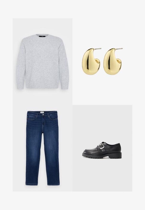 Vero Moda Curve Knitted VMCBOOM Knitted - Džemper - light grey melange; Tumed sinised teksad, sirge lõikega, viie-tasku disainiga, nähtava õmblusega ja metallnööbiga vöökohal.; Mustad nahast kingad ümarate varvastega, küljes kaaluga d detailiga ja paksu, robustse tallaga. Sile tekstuur, minimaalne õmblemine.; Kuldsetes toonides käevõruga kõrvarõngad, millel on sile, poleeritud pind ja abstraktne, tilgakujuline kuju. Lihtne metallpostiga kinnitus.