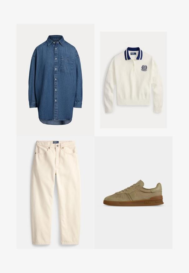 Weißes langärmliges Strick-Poloshirt mit marineblau geripptem Kragen, der weiße Streifen aufweist, und mit dem bestickten Wimbledon-Wappen auf der linken Brust.; Dunkelblaue Denim-Knopfhemd. Mit einer Brusttasche, langen Ärmeln und einem lockeren Schnitt. Dezente Nähte entlang der Nähte.; Jeans in Cremefarbe aus Denim mit geradem Bein, Fronttaschen und Ziernähten. Metallknopf und Reißverschluss zum Schließen.; Beiger Polo-Sneaker mit niedrigem Schnitt, Schnürung vorne, strukturiertem Lederobermaterial und brauner Gummisohle mit Polo-Logo an der Seite.