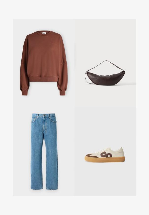 Sweat-shirt marron à manches longues avec poignets et ourlet côtelés, encolure ronde, et discret logo "Drykorn" brodé sur la poitrine gauche.; Jeans en denim bleu clair avec une coupe ample, présentant une taille haute, quatre poches et une fermeture éclair. Design classique à cinq poches.; Baskets avec un dessus en toile crème, des accents en daim marron, un grand logo stylisé et une semelle en caoutchouc beige avec une texture antidérapante.; Sac d'épaule en cuir marron foncé en forme de croissant avec une lanière courbée et des coutures visibles sur fond uni.